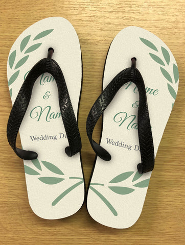 WD08 - Personalised Wedding Cream and Forest Green Leaf Crest Flip Flops
