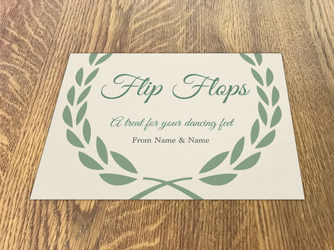 WD08 - Personalised Wedding Cream And Forest Green Leaf Crest Flip Flop Sign