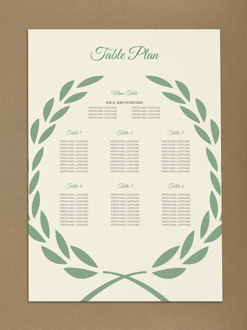 WD08 - Personalised Wedding Cream And Forest Green Leaf Crest Table Plan