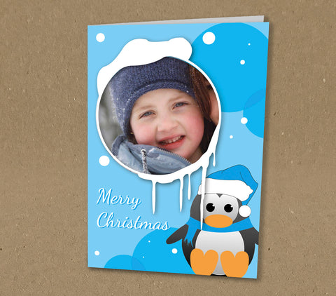 Christmas Cards for Family, Cute Snowy Penguin Personalised with Your Photo