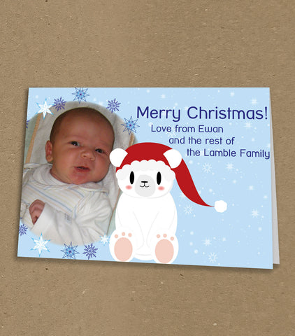 Christmas Cards for Family, Cute Polar Bear Personalised with Your Photo & Message