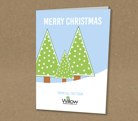 Christmas Cards for Business, Group of Cute Trees Personalised with Company Logo