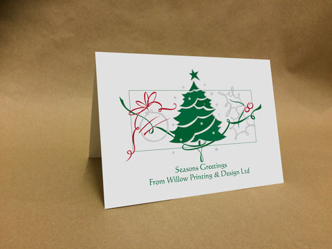 Christmas Cards for Business & Home, Tree & Swirls with Company Logo & Message