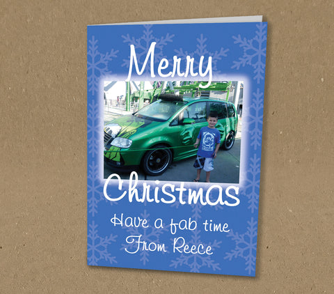 Christmas Cards for Family, Personalised with Family Photo & Message in Blue Border