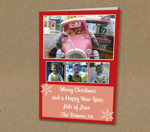 Christmas Cards for Family, Personalised with 4 Photos & Message in Red Border with Snowflakes