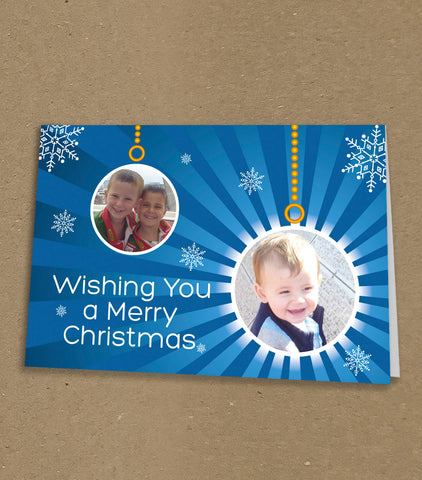 Christmas Cards for Family, with 2 Family Photo inserted into Hanging Baubles