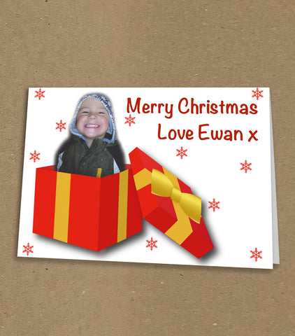 Christmas Cards for Family, Your Photo jumping out of gift wrapped present