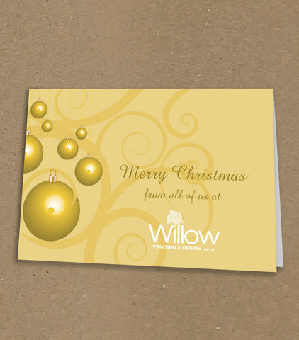 Christmas Cards for Business & Home, Gold Baubles and Swirls with Personal Message