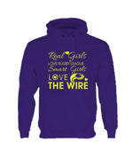 WW14 - Real Girls Love Rugby League, Smart Girls Love The Wire Hooded Top, example Warrington Wolves