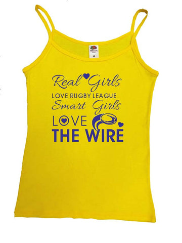 WW14 - Real Girls Love Rugby League, Smart Girls Love The Wire Vest, example Warrington Wolves