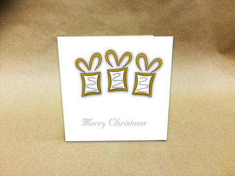 Christmas Cards for Business, 3 Gold Presents with Company Name, Logo & Message